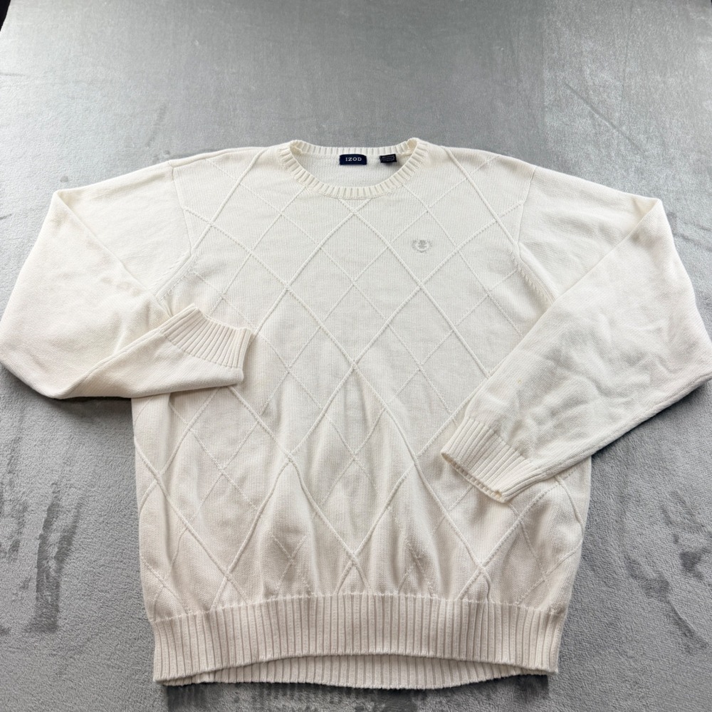 IZOD Men's XL Cream White Diamond Textured Knit Pullover Sweater Long Sleeve